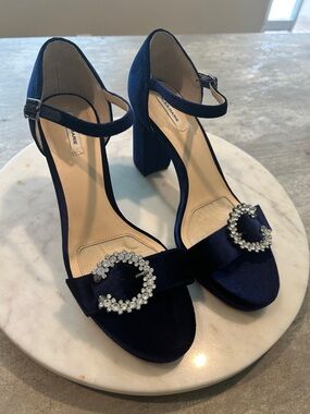 Alex Marie Navy Blue Velvet Block Heel Sandals with Crystal Circle Buckles Sz9